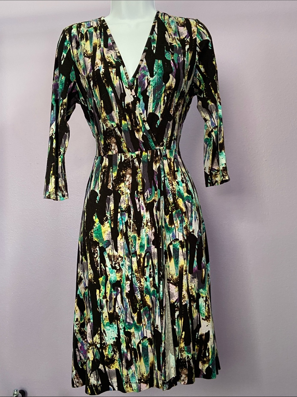 Cynthia Rowley Black Abstract Print Wrap Dress with Teal and Purple Accents